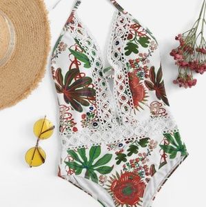 Tropical crochet one piece swimsuit